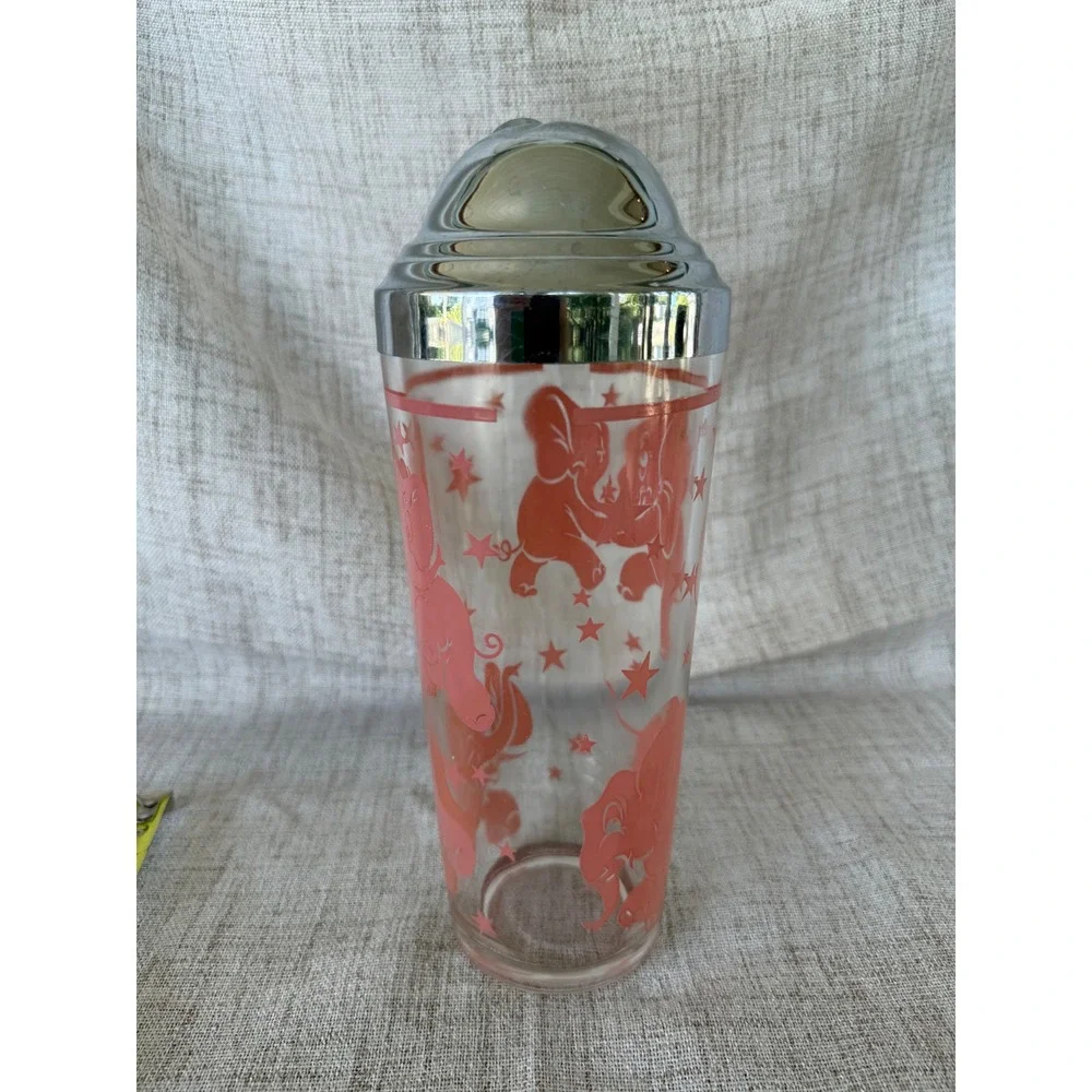 Hazel Atlas 40s Glass Cocktail Shaker Pink MCM Dancing Elephant Glass Md Century